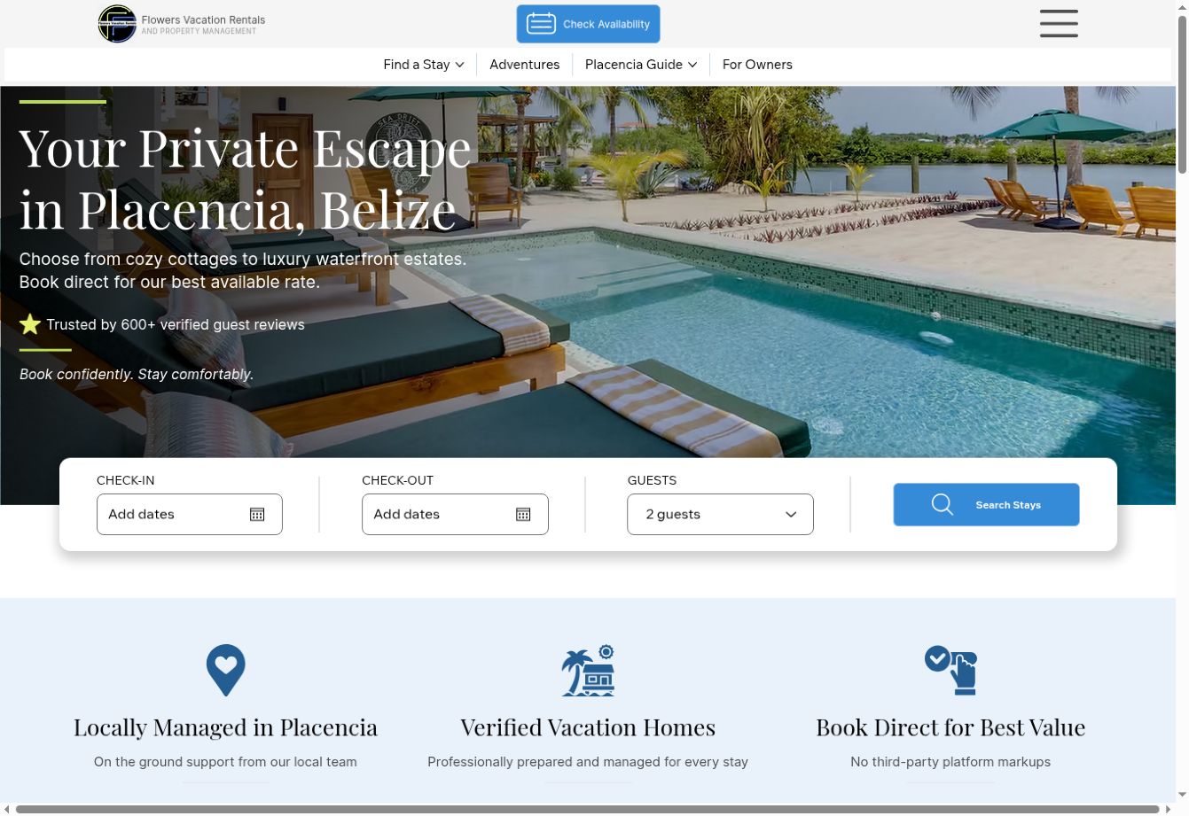Flowers Vacation Rentals website homepage
